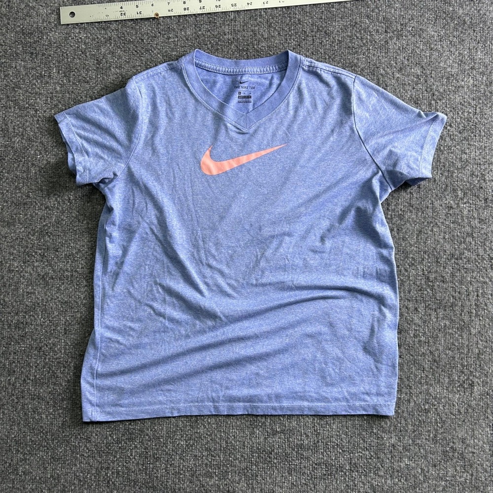Nike T-Shirt Womens XL Blue Dri-Fit V-Neck Heathered Short Sleeve Athletic Logo
